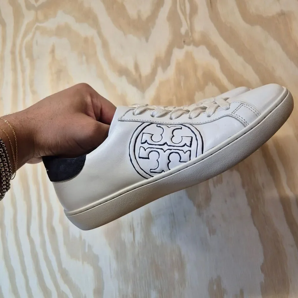 Tory Burch Women's T Logo Leather Sneakers White Navy Size 7M Low Top